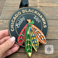 Chicago Blackhawks Logo Ornament - Personalized Hawks Puck w/ Feathers