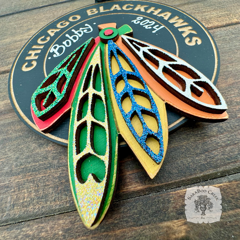 Chicago Blackhawks Logo Ornament - Personalized Hawks Puck w/ Feathers