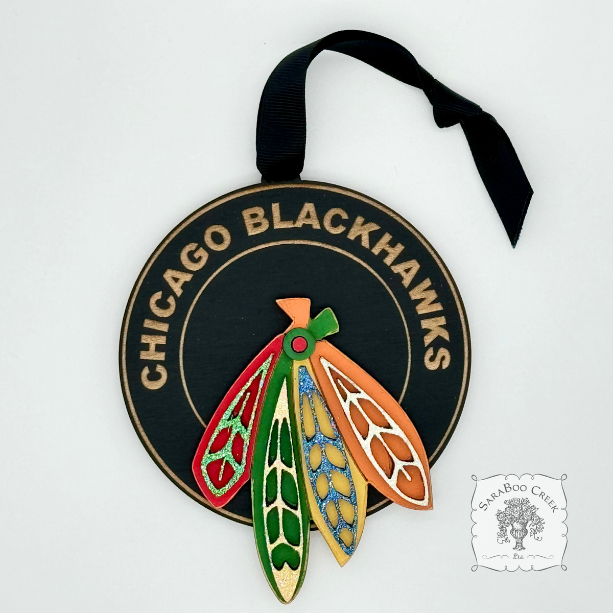 Chicago Blackhawks Logo Ornament - Personalized Hawks Puck w/ Feathers