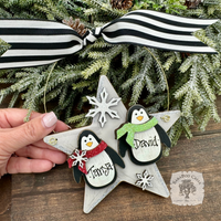 2 Penguins on Star Ornament - Personalized Penguin Pair Christmas Ornament