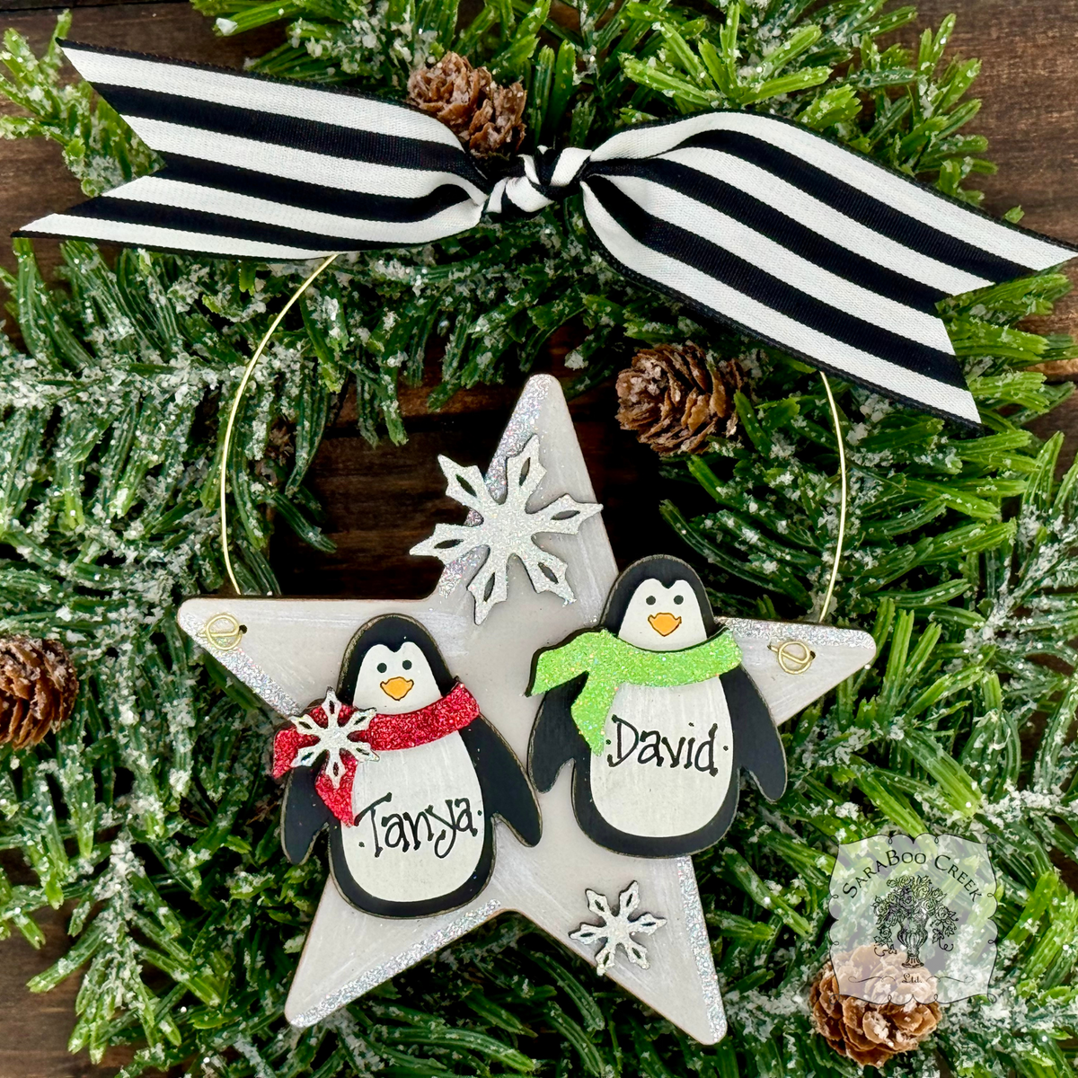 2 Penguins on Star Ornament - Personalized Penguin Pair Christmas Ornament