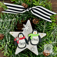 2 Penguins on Star Ornament - Personalized Penguin Pair Christmas Ornament