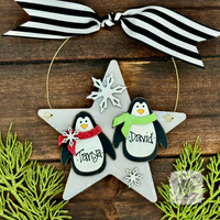 2 Penguins on Star Ornament - Personalized Penguin Pair Christmas Ornament