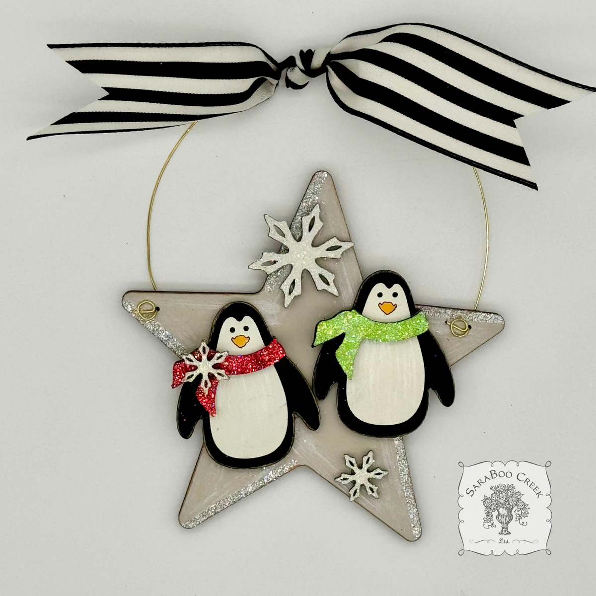 2 Penguins on Star Ornament - Personalized Penguin Pair Christmas Ornament