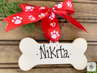 Dog Bone Ornament - Personalized Dog Ornament w/ Paw Print Ribbon