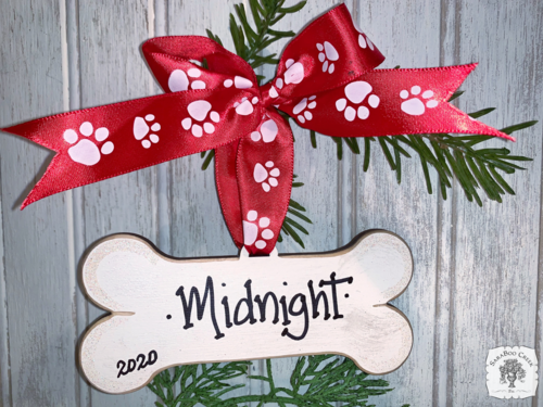 Dog Bone Ornament - Personalized Dog Ornament w/ Paw Print Ribbon