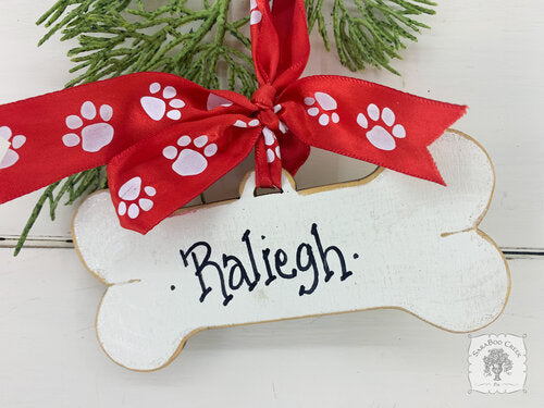 Dog Bone Ornament - Personalized Dog Ornament w/ Paw Print Ribbon