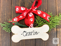 Dog Bone Ornament - Personalized Dog Ornament w/ Paw Print Ribbon