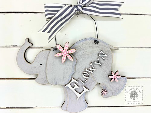 9.5" Elephant Sign with Flowers - Name Personalized with Wooden Letters