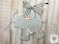 9.5" Elephant Sign with Flowers - Name Personalized with Wooden Letters