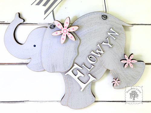 9.5" Elephant Sign with Flowers - Name Personalized with Wooden Letters