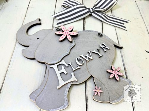 9.5" Elephant Sign with Flowers - Name Personalized with Wooden Letters