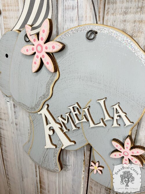 9.5" Elephant Sign with Flowers - Name Personalized with Wooden Letters