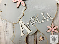 9.5" Elephant Sign with Flowers - Name Personalized with Wooden Letters