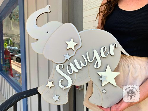 20" Large Elephant Sign with Stars or Flowers and Custom Name