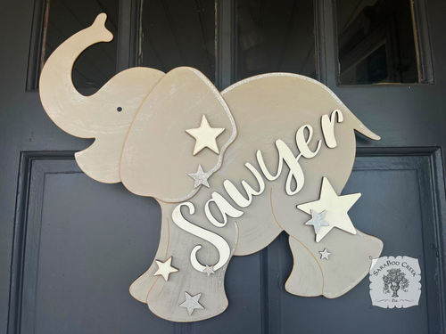 20" Large Elephant Sign with Stars or Flowers and Custom Name