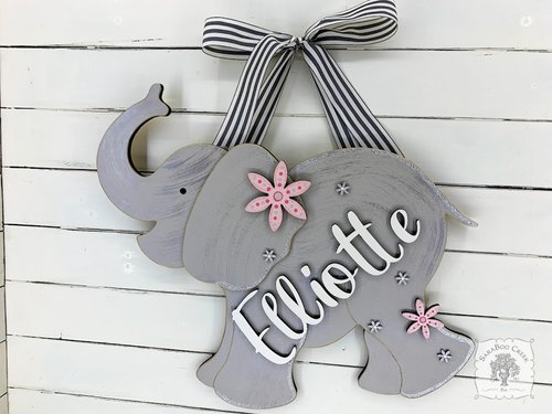 20" Large Elephant Sign with Stars or Flowers and Custom Name