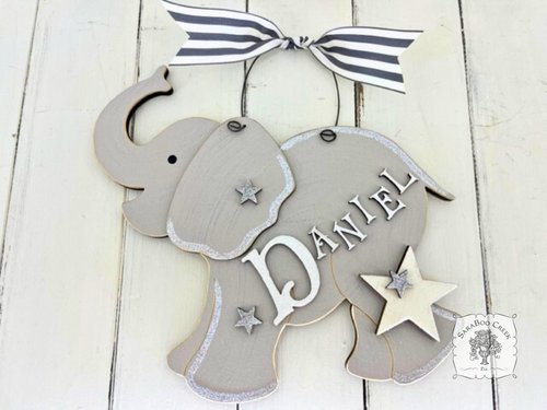 9.5" Elephant Sign with Stars - Name Personalized with Wood Letters