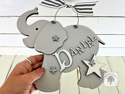 9.5" Elephant Sign with Stars - Name Personalized with Wood Letters