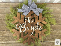 20" Snowflake Door Hanger Stained or Rustic White - Customize with Wood Word or Initial