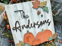 Fall Square Beadboard Plaque with Pumpkins & Custom Name or Autumn Greeting