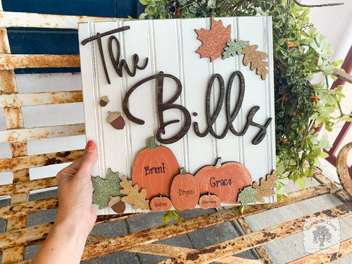 Fall Square Beadboard Plaque with Pumpkins & Custom Name or Autumn Greeting