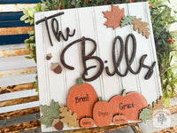 Fall Square Beadboard Plaque with Pumpkins & Custom Name or Autumn Greeting