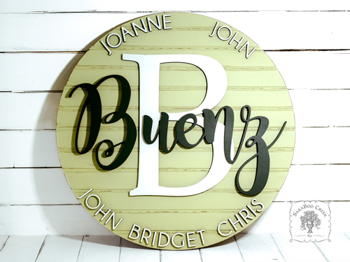 20" Round Family Sign Customized with Initial, Overlapping Family Name, & Add On Names for Family Members