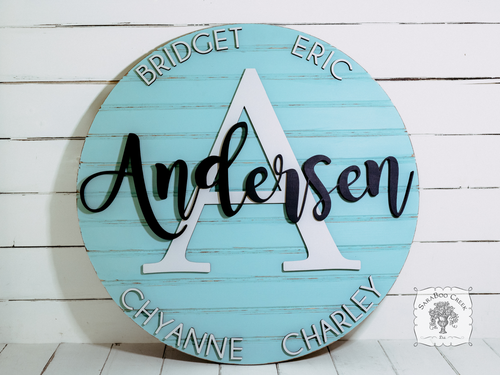 20" Round Family Sign Customized with Initial, Overlapping Family Name, & Add On Names for Family Members