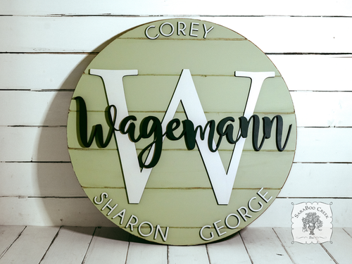 20" Round Family Sign Customized with Initial, Overlapping Family Name, & Add On Names for Family Members