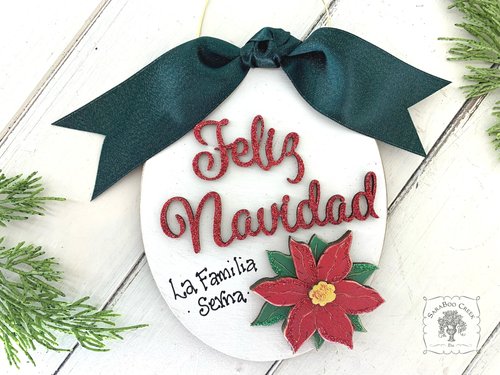 Feliz Navidad Personalized Ornament with Poinsettia - Spanish Merry Christmas Gift