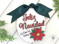 Feliz Navidad Personalized Ornament with Poinsettia - Spanish Merry Christmas Gift