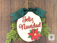 Feliz Navidad Personalized Ornament with Poinsettia - Spanish Merry Christmas Gift