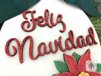 Feliz Navidad Personalized Ornament with Poinsettia - Spanish Merry Christmas Gift