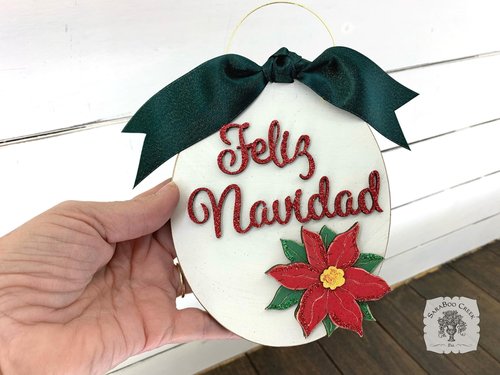 Feliz Navidad Personalized Ornament with Poinsettia - Spanish Merry Christmas Gift