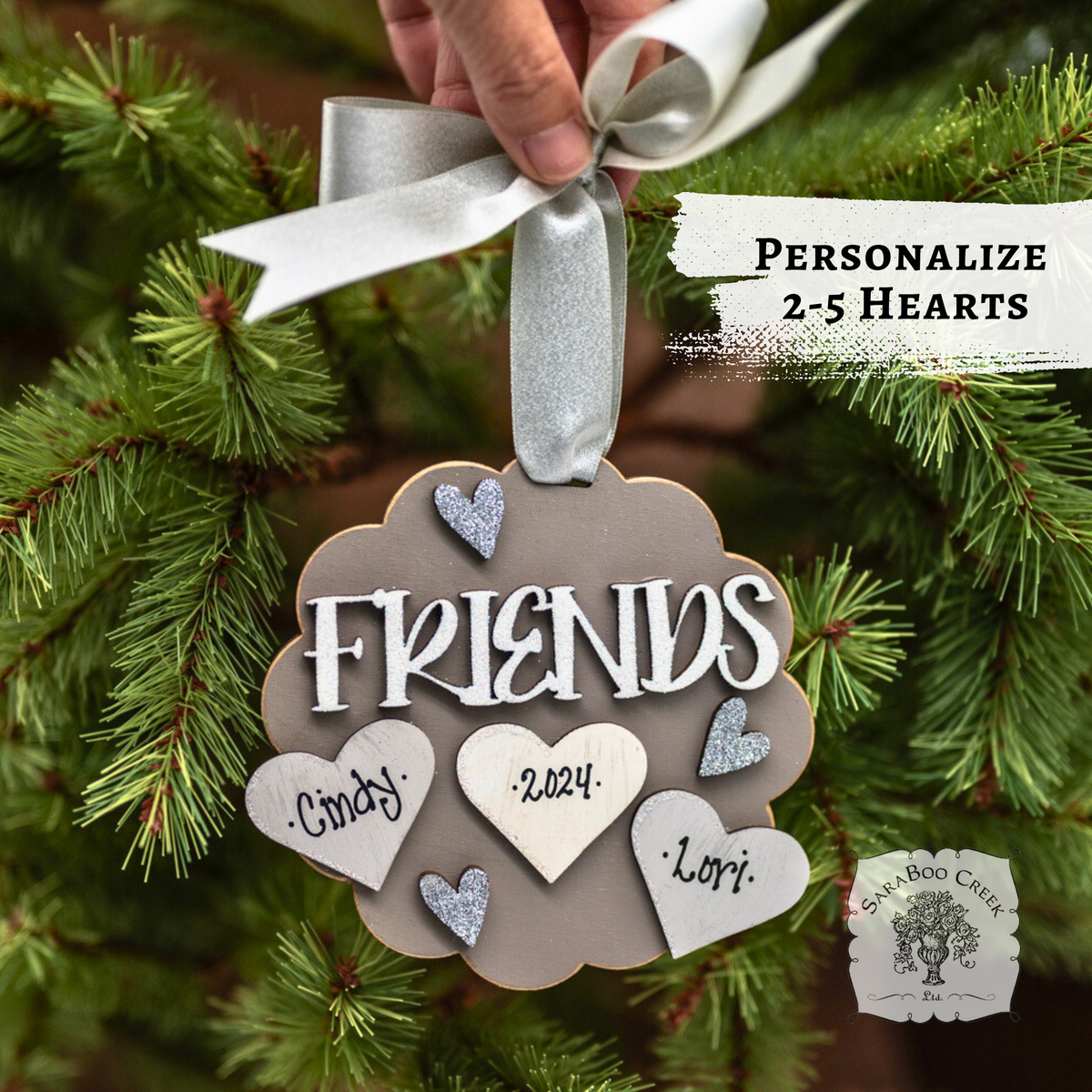 "Friends" Ornament w/ 2-5 Personalized Hearts - Great Friend Gift