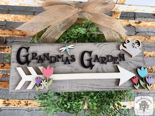 Grandma's Garden Custom Plaque with Tulips Representing Grandkids & an Arrow Pointing to Her Garden