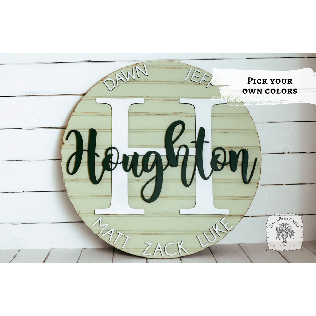 20" Round Family Sign Customized with Initial, Overlapping Family Name, & Add On Names for Family Members