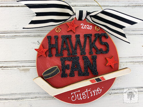 Hawks Fan Ornament with Hockey Stick & Puck