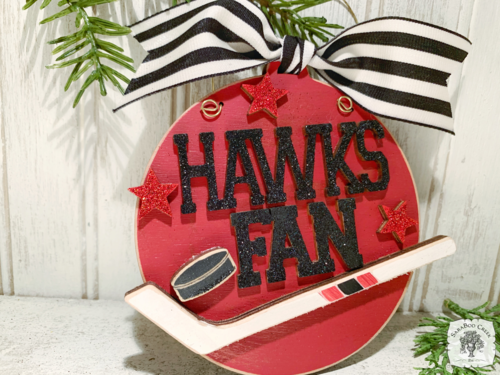 Hawks Fan Ornament with Hockey Stick & Puck