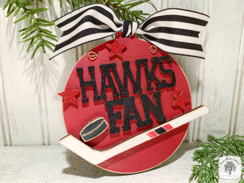 Hawks Fan Ornament with Hockey Stick & Puck