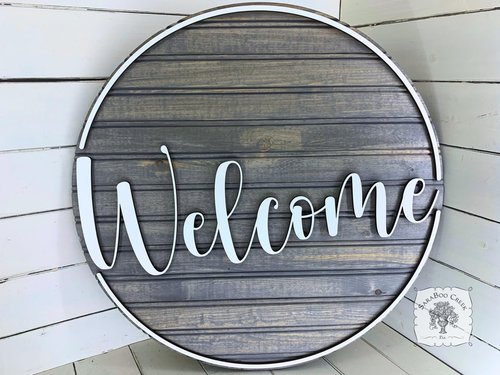 Round Wooden Hello or Welcome Front Door Sign w/ Border