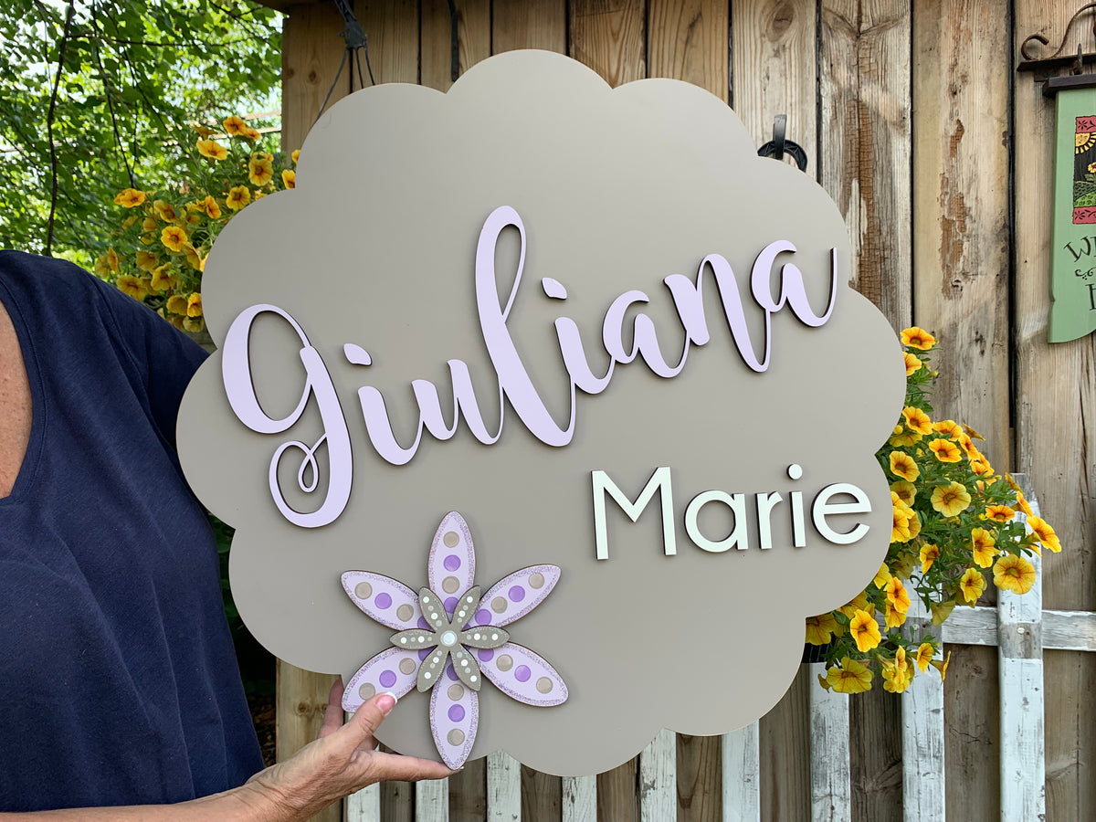 Scalloped Round Two Name Sign with Hand Painted Flowers