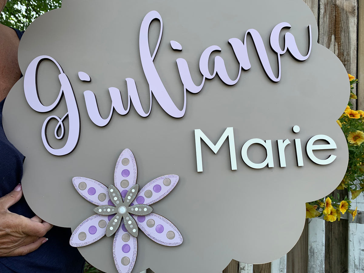 Scalloped Round Two Name Sign with Hand Painted Flowers