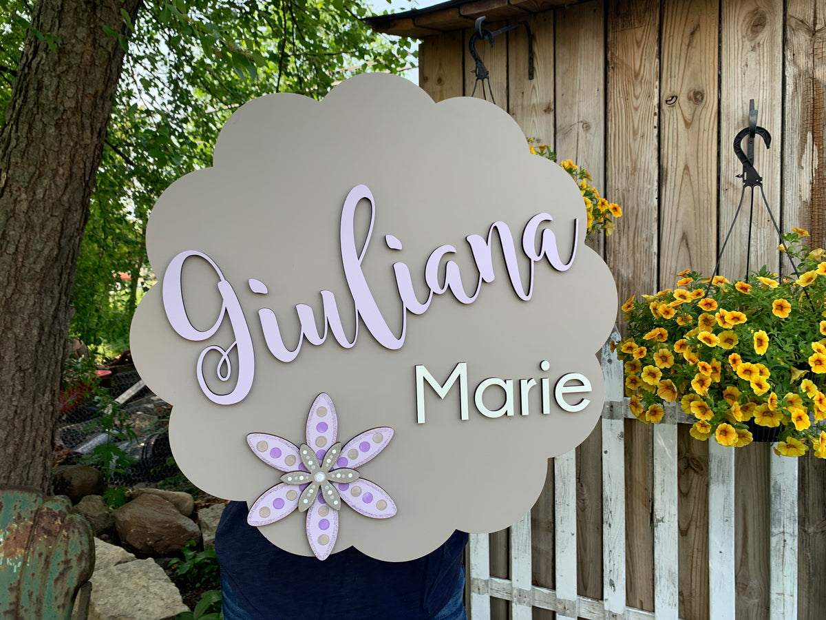 Scalloped Round Two Name Sign with Hand Painted Flowers