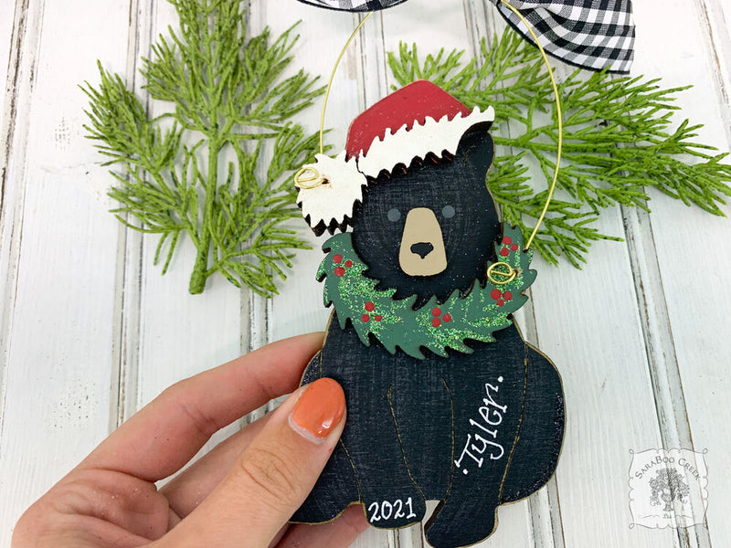 Black Bear Ornament - Personalized Christmas Bear Ornament with Wreath & Santa Cap