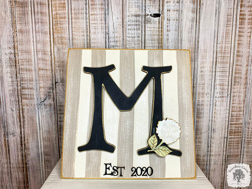 Striped Tabletop Plaque with Initial and Hydrangea Flower Decoration