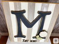 Striped Tabletop Plaque with Initial and Hydrangea Flower Decoration