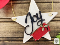 Holiday Star Ornament with Joy & Red Sled