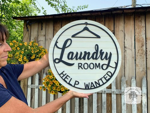 Round Laundry Room Sign - Humorous "Help Wanted" Wall Hanger for your Laundry Room